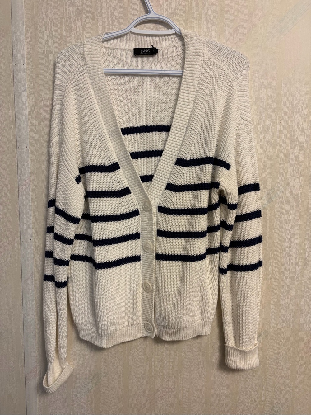 Yest Cream Cardigan with Navy Stripes